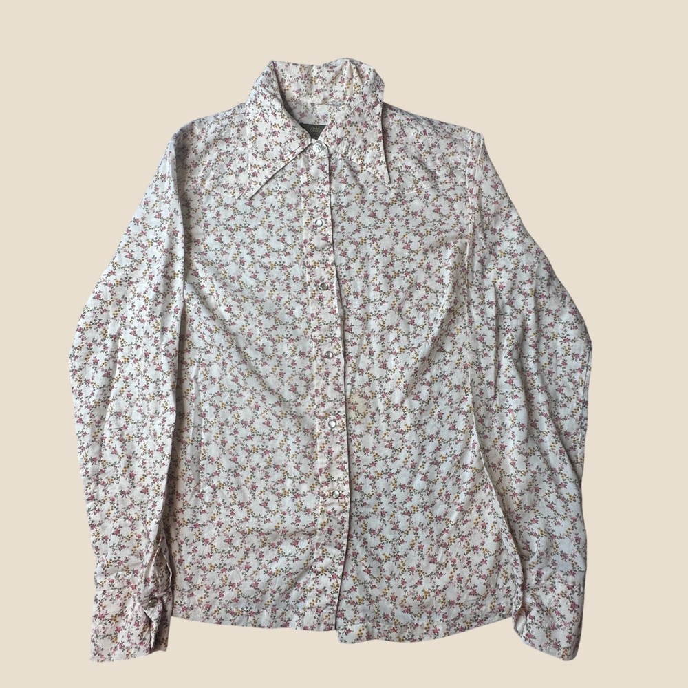 VTG Allen Brand Shirt Womens S Shore-Pressed Cream Floral Western Pearl Snap USA
